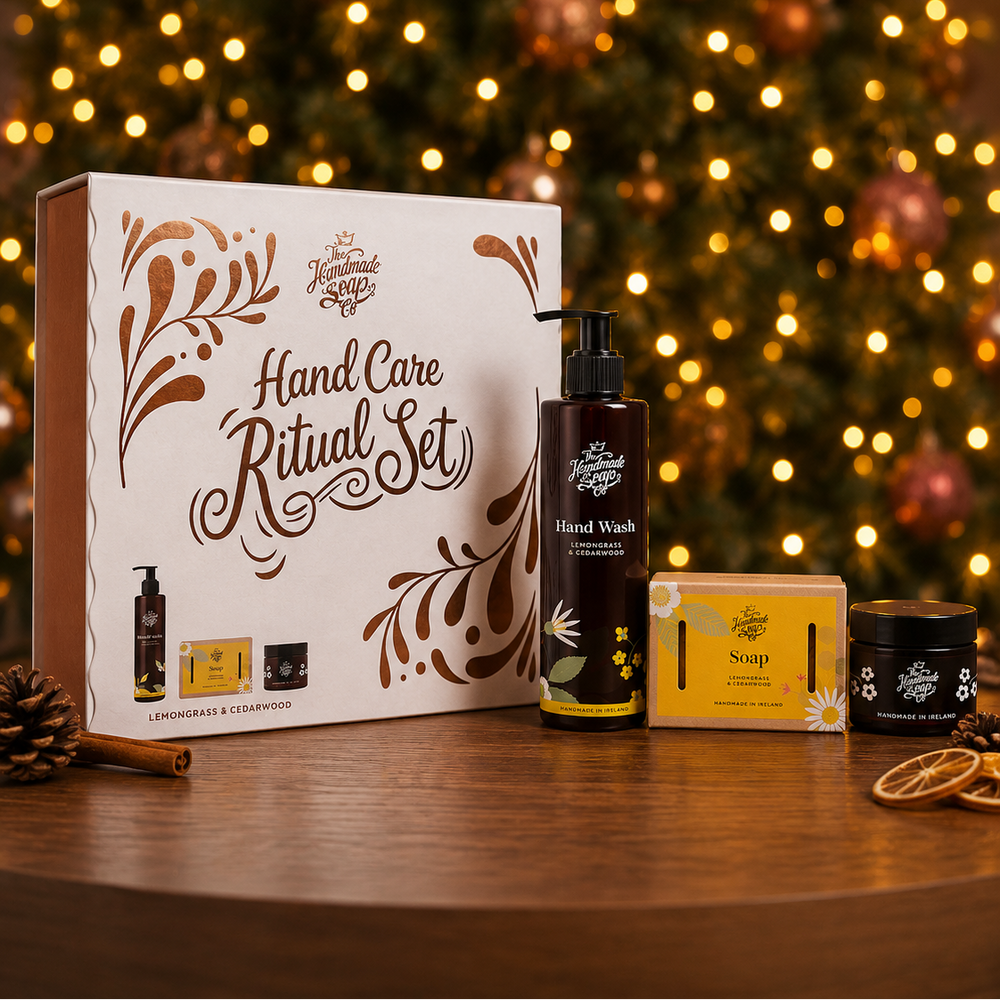 Hand Care Ritual Set with Lemongrass & Cedarwood Hand Wash, Soap and Hand Cream, presented in a Christmas gift box by The Handmade Soap Company.