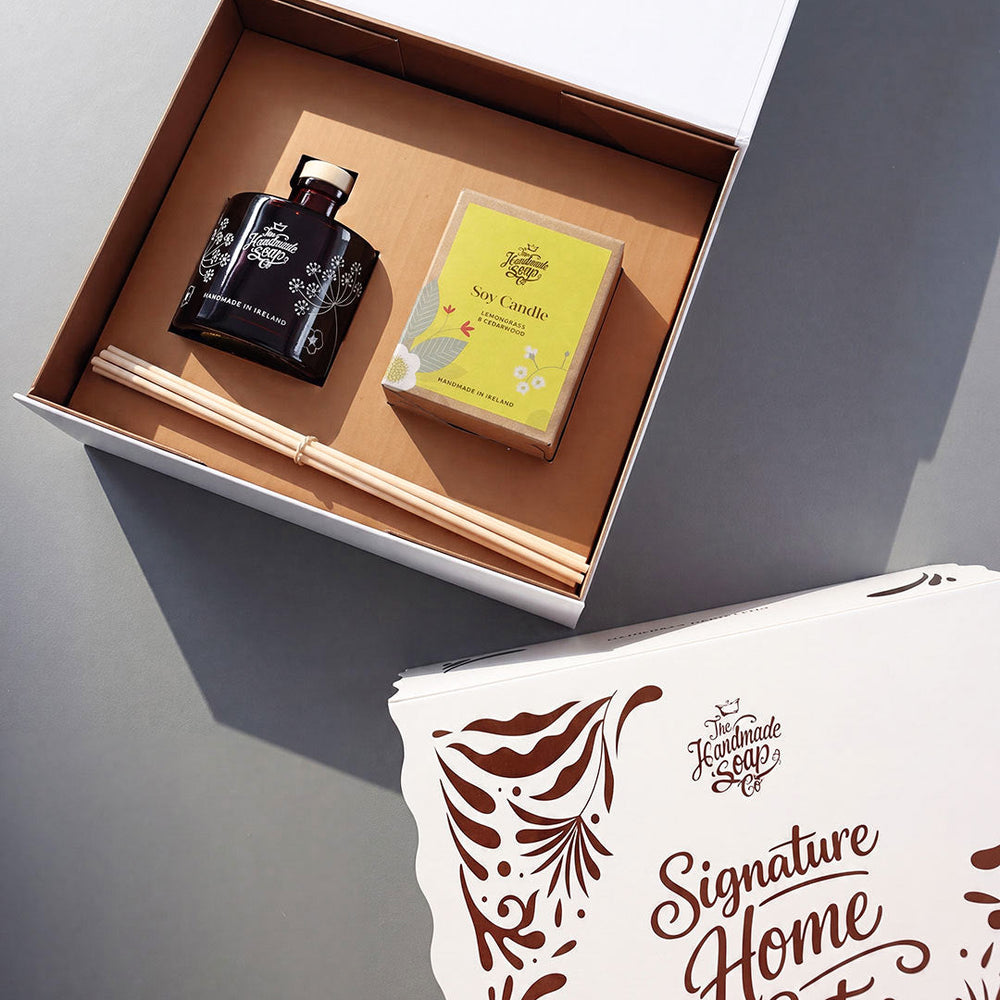 Signature Home Set with Lemongrass & Cedarwood Candle and Diffuser, presented in a Christmas gift box by The Handmade Soap Company.