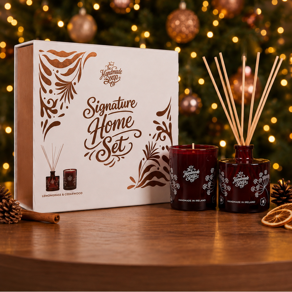 Signature Home Set with Lemongrass & Cedarwood Candle and Diffuser, presented in a Christmas gift box by The Handmade Soap Company.