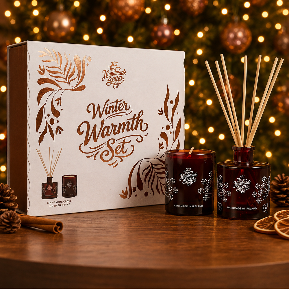 Winter Warmth Set with Cinnamon, Clove, Nutmeg & Pine Candle and Diffuser, presented in a Christmas gift box by The Handmade Soap Company.